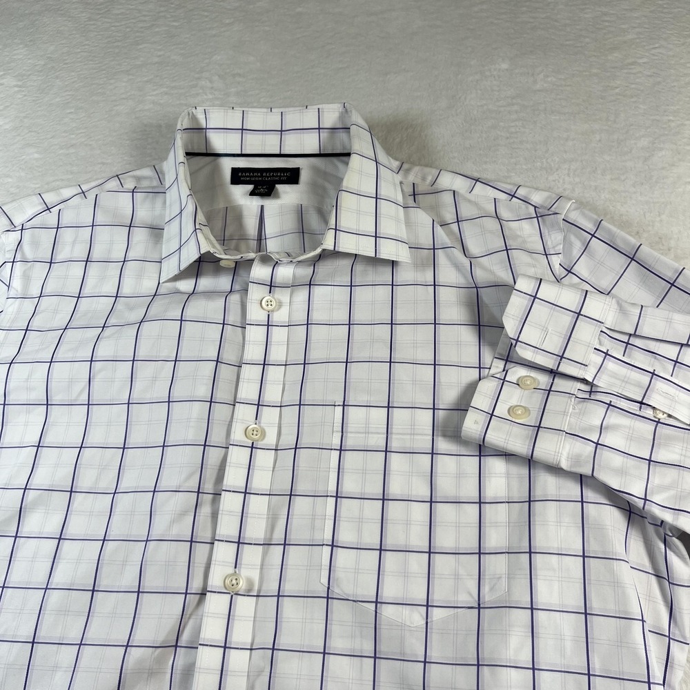Banana Republic Dress Shirt Mens L 16.5 White Purple Check Non Iron Classic Fit